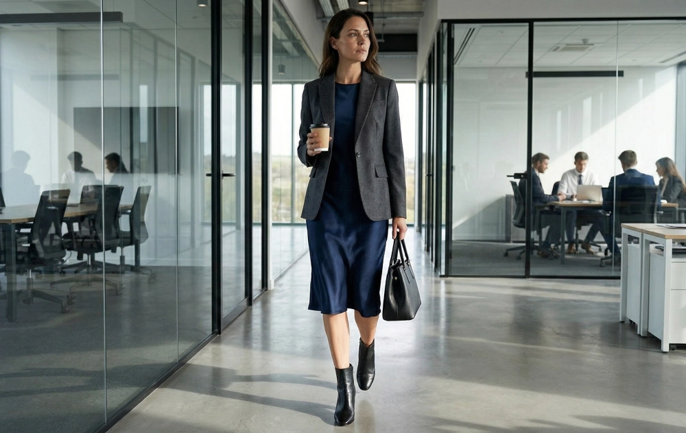 femme en robe soie bleu marine look de bureau chic et professionnel